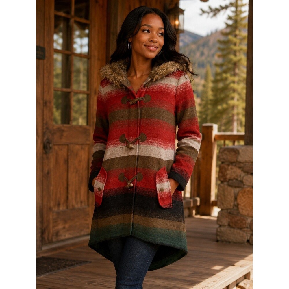Boho Southwestern Hooded Toggle Coat BB Dakota Anthropologie Striped Faux Fur S
